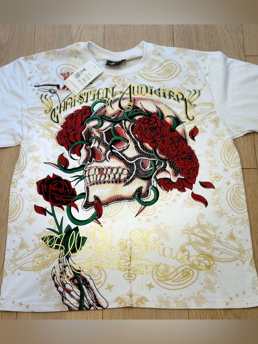 Christian Audigier Rare Skull Rose Rhinestone Tee Original Era Release Y2K 2000